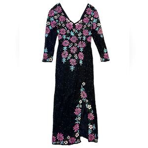Vintage Silk Full Length Beaded Dress Long Sleeve Slit Black Floral Medium